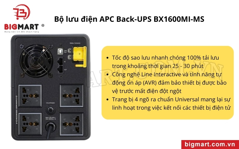 APC Back-UPS BX1600MI-MS trang bị cổng giao tiếp USB tiện ích