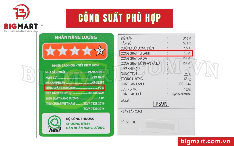 Công suất tủ lạnh được ghi trên tem nhãn