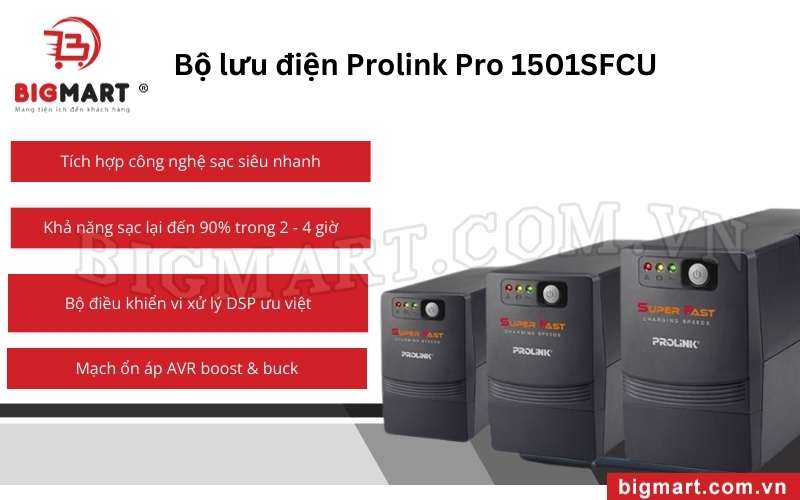 UPS PROLINK PRO1501SFCU tích hợp thời gian sạc pin nhanh chóng