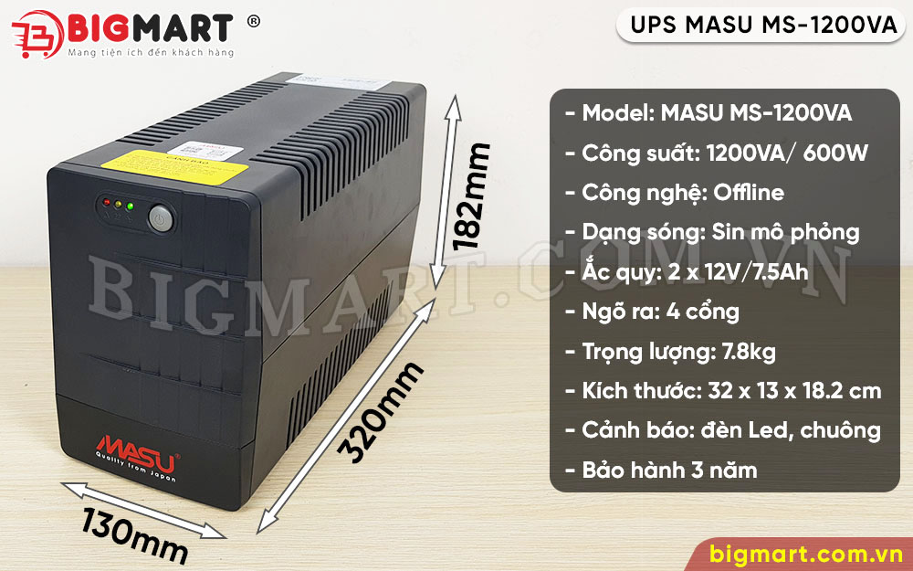 Thông số kỹ thuật bộ lưu điện MASU MS-1200VA