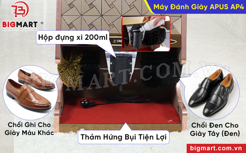 Máy trang bị hệ thống 4 chổi cùng hộp xi đánh giày 200ml chuyên dụng