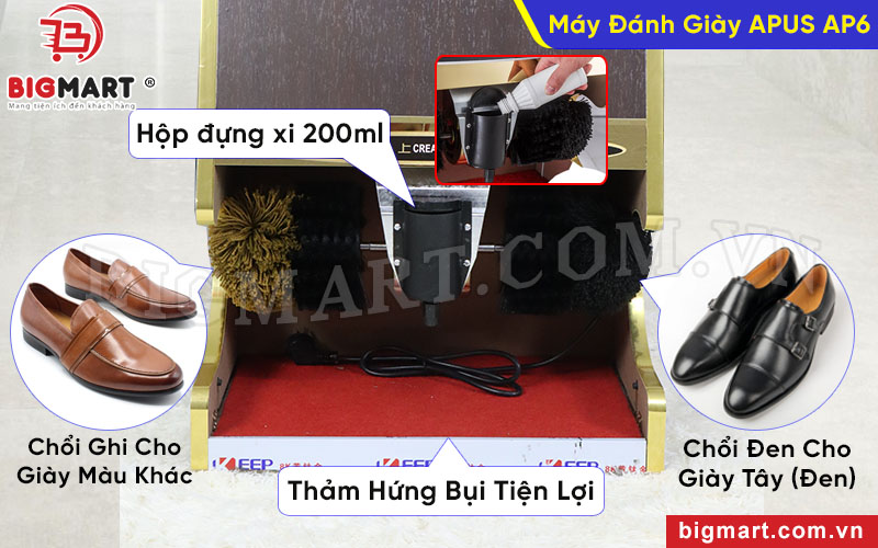 Máy được trang bị 4 chổi đánh giày chuyên nghiệp