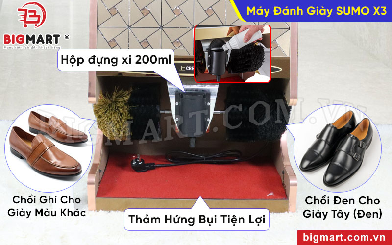 Máy trang bị hệ thống 4 chổi đánh giày cùng hộp xi 200ml chuyên nghiệp