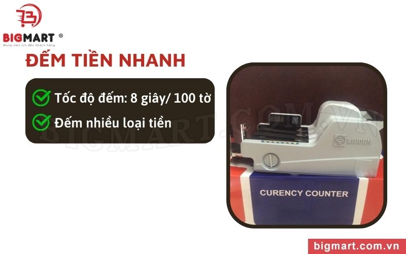 Máy có khả năng kiểm đếm với tốc độ 8giây/100 tờ tiền giúp người dùng thực hiện công việc nhanh chóng với số lượng tiền lớn.