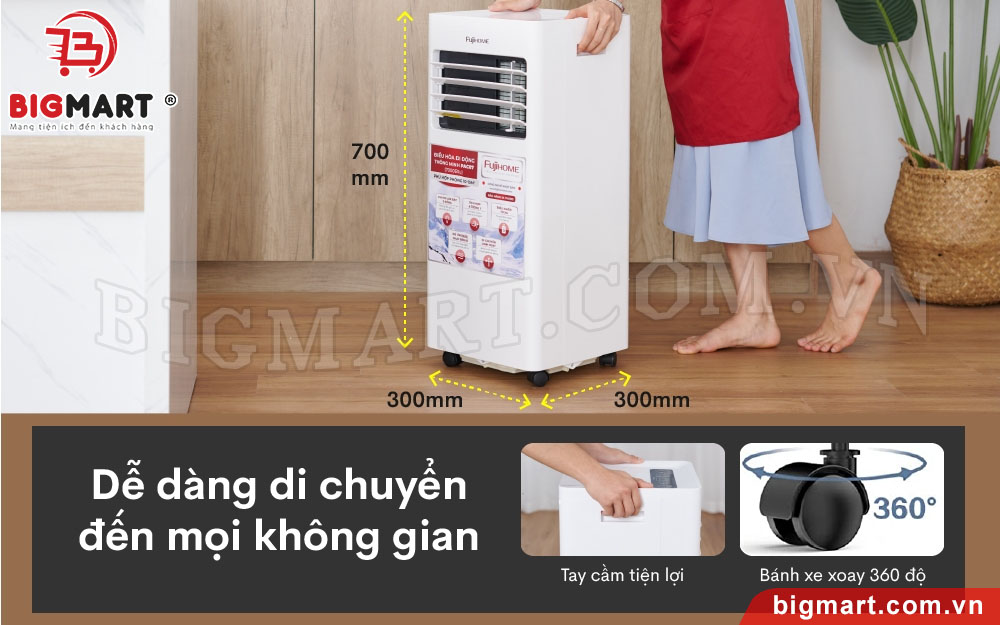 Điều khiển dễ dàng với tay nắm và 4 bánh xe 360 độ