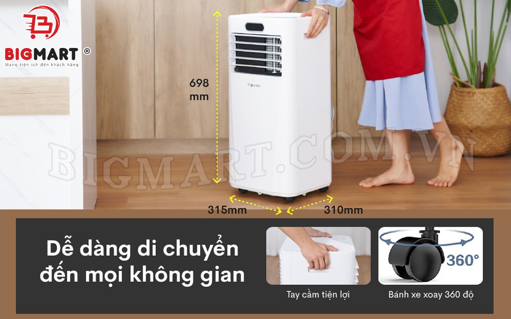 Thiết bị có tích hợp tay cầm và 4 bánh xe giúp dễ dàng di chuyển qua nhiều không gian