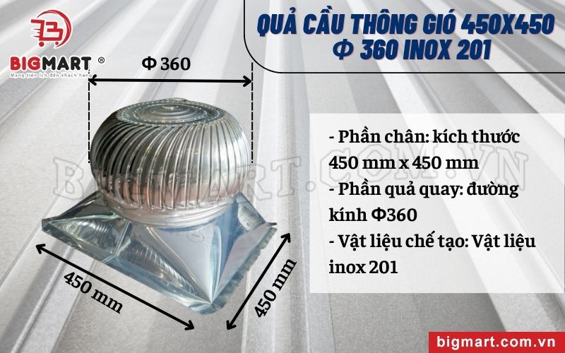 Kích thước quả cầu thông gió 450x450 Φ360 inox 201