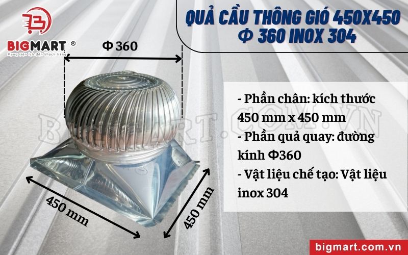 Kích thước quả cầu thông gió 450x450 Φ360 inox 304