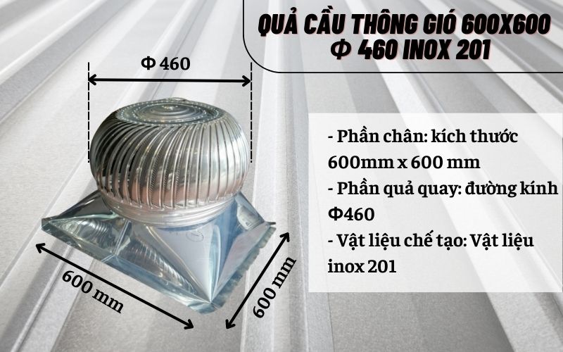 Kích thước quả cầu thông gió 600x600 Φ460 inox 304