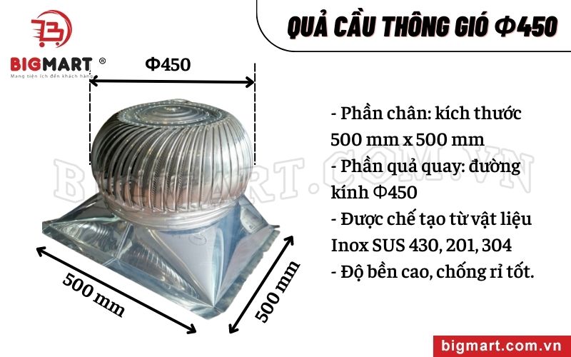 Kích thước quả cầu thông gió Φ450