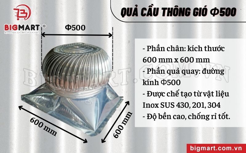 Kích thước quả cầu thông gió inox Φ500