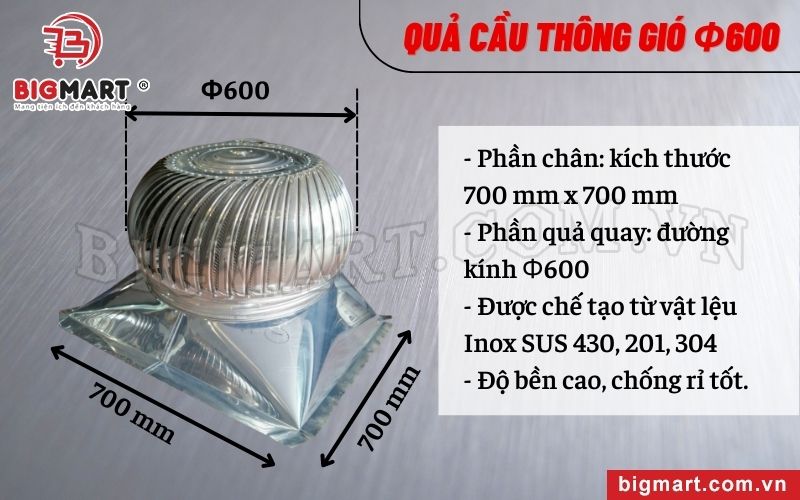 Kích thước quả cầu thông gió inox Φ600