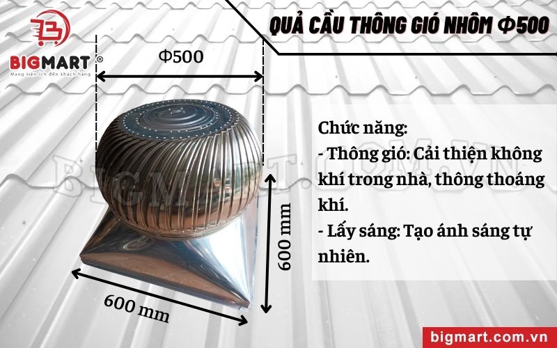 Kích thước quả cầu thông gió nhôQuả cầu thông gió nhôm Φ500