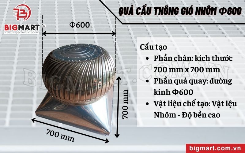 Kích thước quả cầu thông gió Φ600