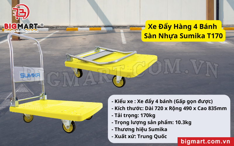 Xe Đẩy Hàng 4 Bánh Sàn Nhựa Sumika T170