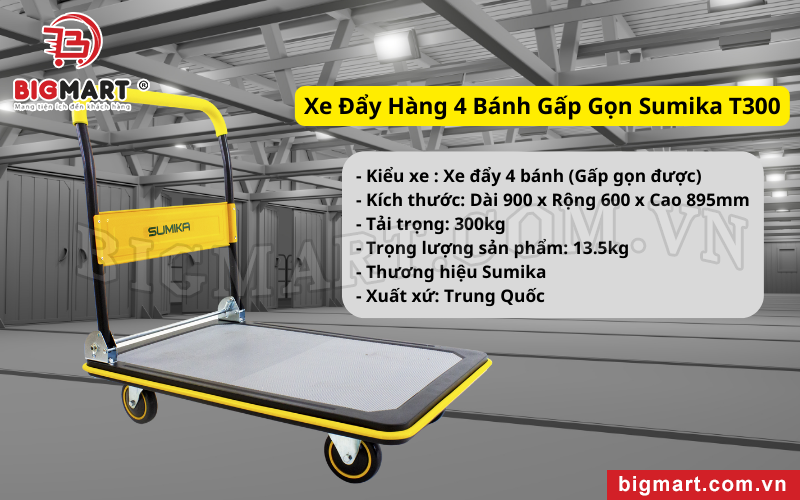 Xe Đẩy Hàng 4 Bánh Gấp Gọn Sumika T300