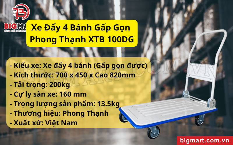  Xe đẩy hàng sàn thép gấp gọn Phong Thạnh XTB 100DG