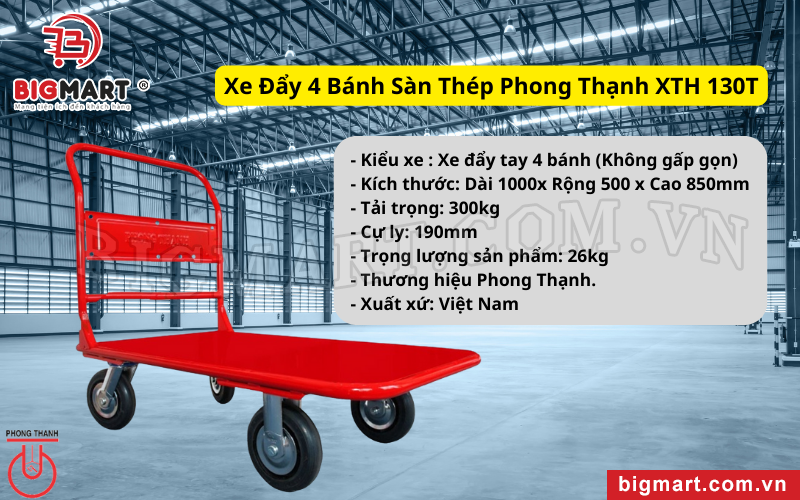 Xe Đẩy 4 Bánh Sàn Thép Phong Thạnh XTH 130T