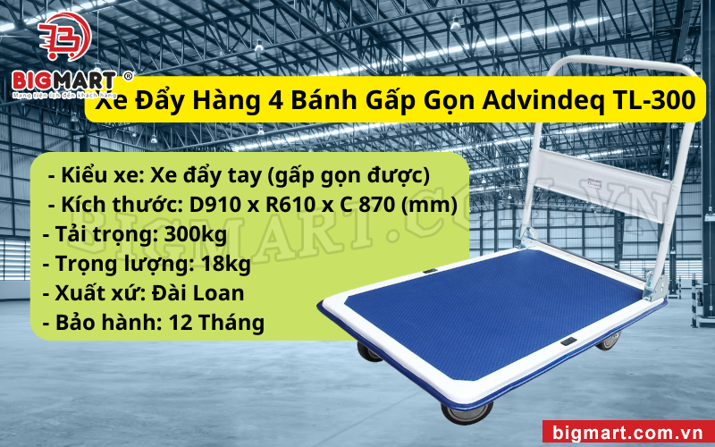 Xe đẩy hàng sàn thép gấp gọn Advindeq TL-300