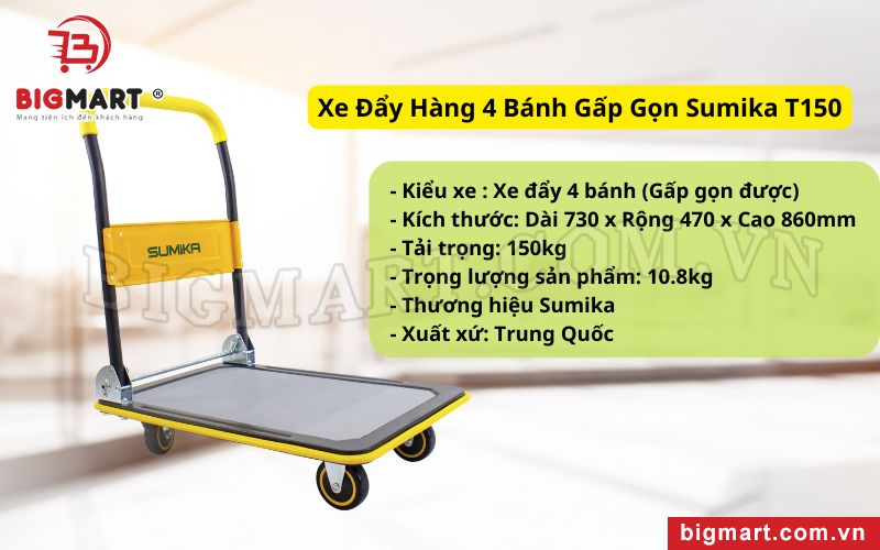 Xe Đẩy Hàng 4 Bánh Gấp Gọn Sumika T150