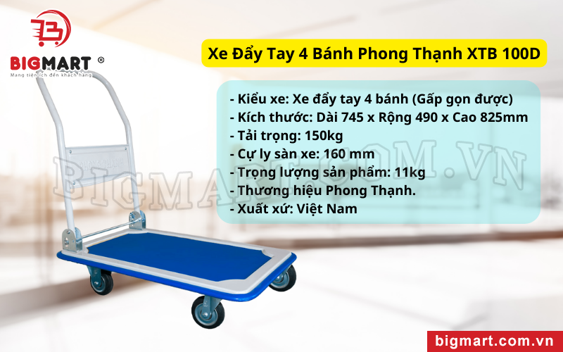 Xe Đẩy Tay 4 Bánh Phong Thạnh XTB 100D