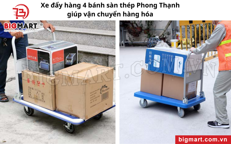 Xe đẩy hàng 4 bánh sàn thép Phong Thạnh giúp vận chuyển hàng hóa
