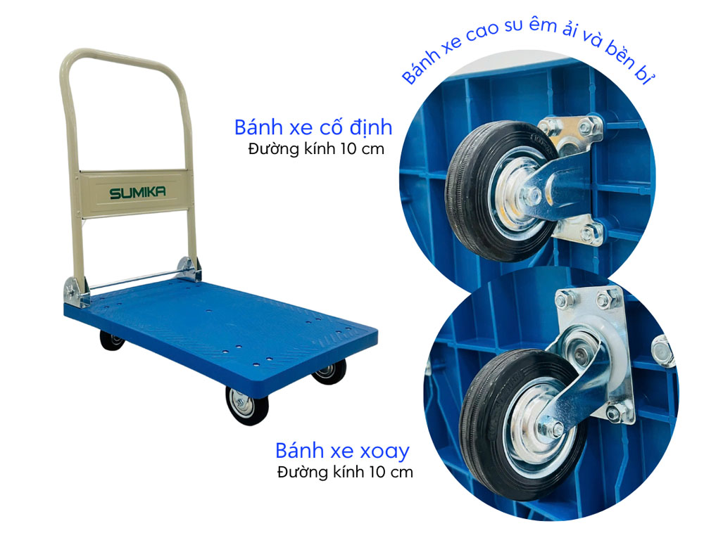 Thiết kế 4 bánh xe cao su bám đường, chịu tải lớn
