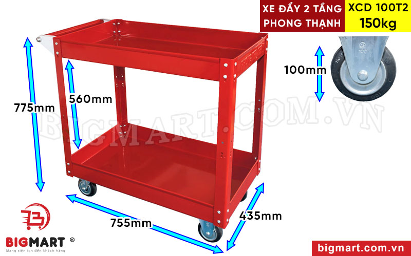 Thông số kích thước xe đẩy 2 tầng XCD 100T2