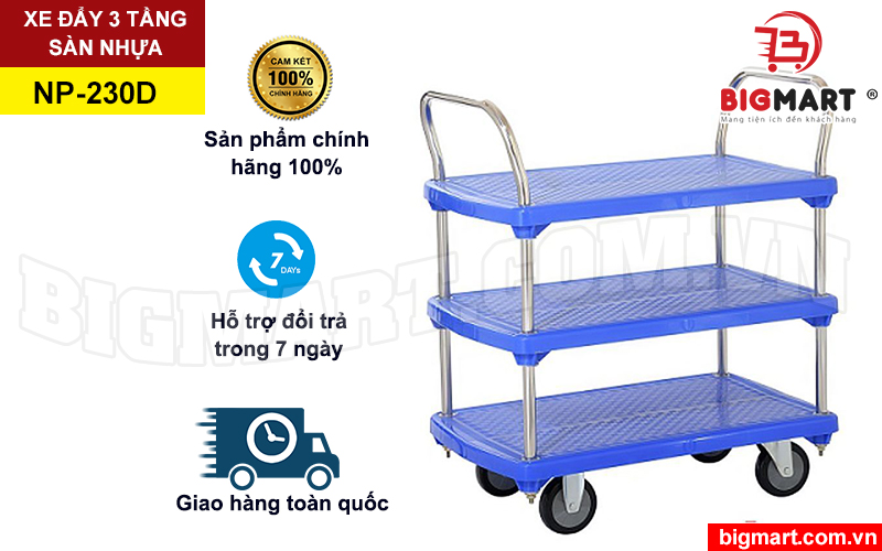 Địa chỉ mua xe đẩy hàng 3 tầng sàn nhựa sumo NP-230D