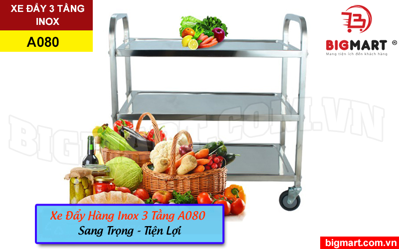 Xe đẩy hàng 4 bánh inox 3 tầng A080