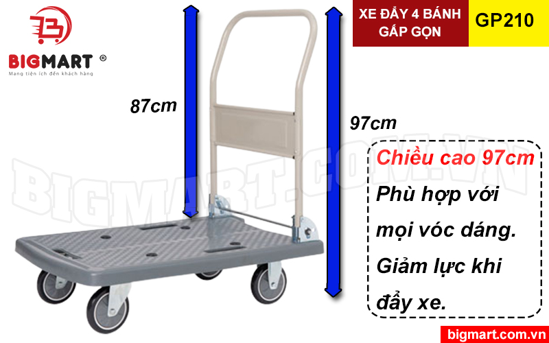 Kích thước xe đẩy hàng 4 bánh sumo GP 210 