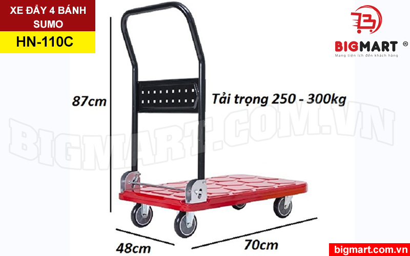 Kích thước xe đẩy hàng 4 bánh sumo thái Lan HN-110C