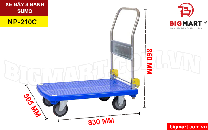 Kích thước xe đẩy hàng 4 bánh sumo NP-210C tải trọng 250kg